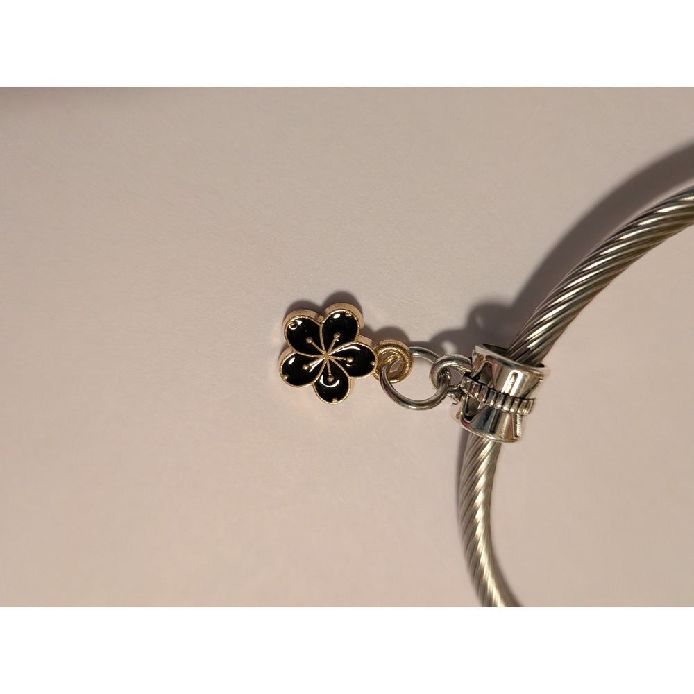 Silver Black Enamel Gold Flower Charm Dangle